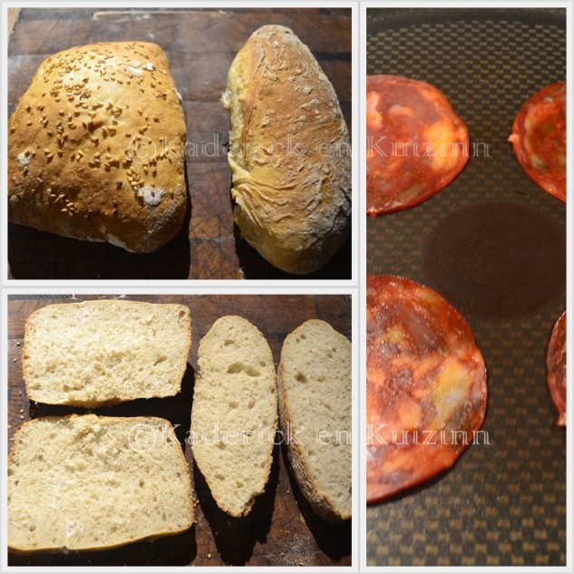 Préparation de l'hamburger avec du chorizo poêlé pour garnie l'omelette faites avec des oeufs bio