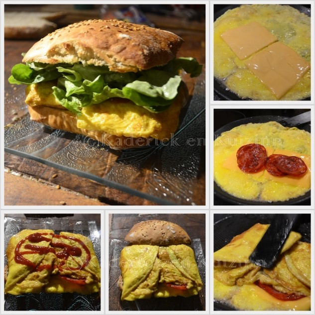 Recette de l'hamburger à l'omelette et au chorizo faites avec des oeufs bio
