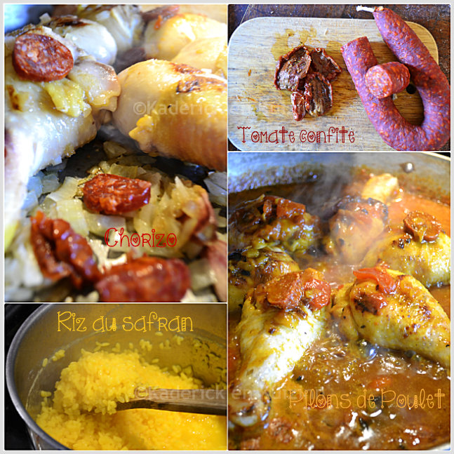 Cuisson pilons de poulet aux tomates et chorizo ©Kaderick en Kuizinn Cuisson pilons de poulet aux tomates et chorizo avec du riz safrané pour une cuisine espagnole