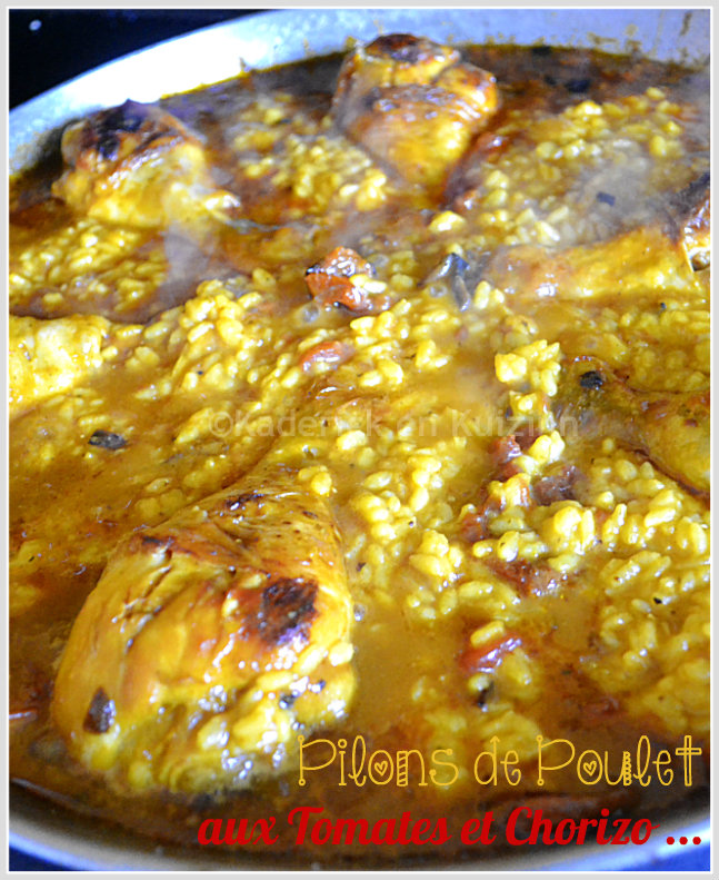 Dégustation pilons de poulet aux tomates et chorizo ©Kaderick en Kuizinn Dégustation pilons de poulet aux tomates et chorizo avec du riz safrané pour une cuisine espagnole