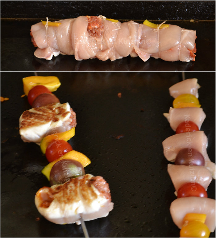 Cuisson à la plancha des brochettes et rôti au poulet farci de chorizo à cuire avec des tomates cerises et poivron bio sur Kaderick en Kuizinn© Cuisson à la plancha des brochettes et rôti au poulet farci de chorizo à cuire avec des tomates cerises et poivron bio