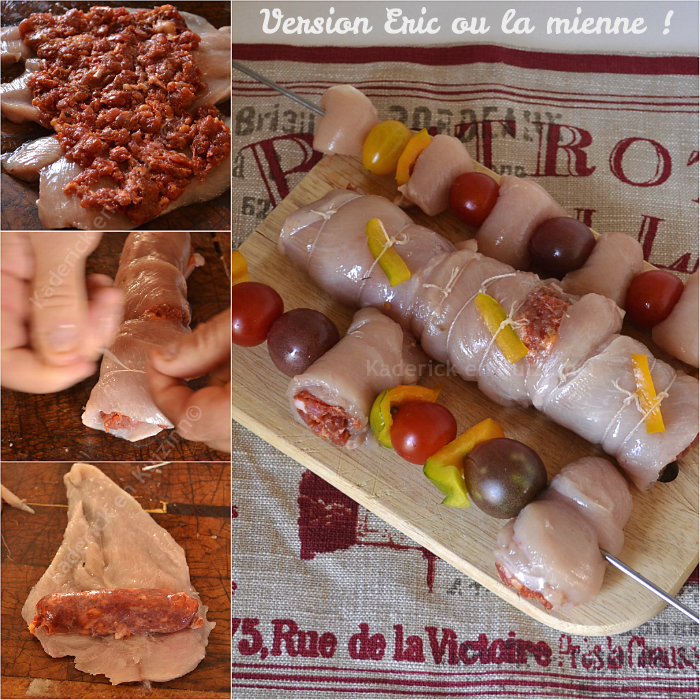 Préparation du rôti ou brochettes de poulet au chorizo avec des tomates cerises sur Kaderick en Kuizinn© Préparation du rôti ou brochettes de poulet au chorizo avec des tomates cerises bio