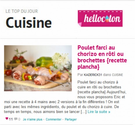 Top du jour cuisine sur Hellocoton 16.08.2012 poulet au chorizo en rôti ou brochette sur Kaderick en Kuizinn© Top du jour cuisine sur Hellocoton 16.08.2012 poulet au chorizo en rôti ou brochette à la plancha
